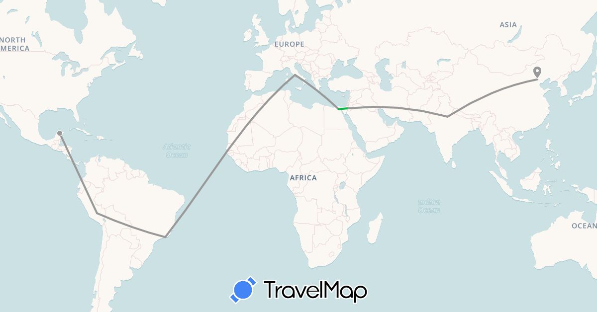TravelMap itinerary: driving, bus, plane in Brazil, China, Egypt, India, Italy, Jordan, Mexico, Peru (Africa, Asia, Europe, North America, South America)