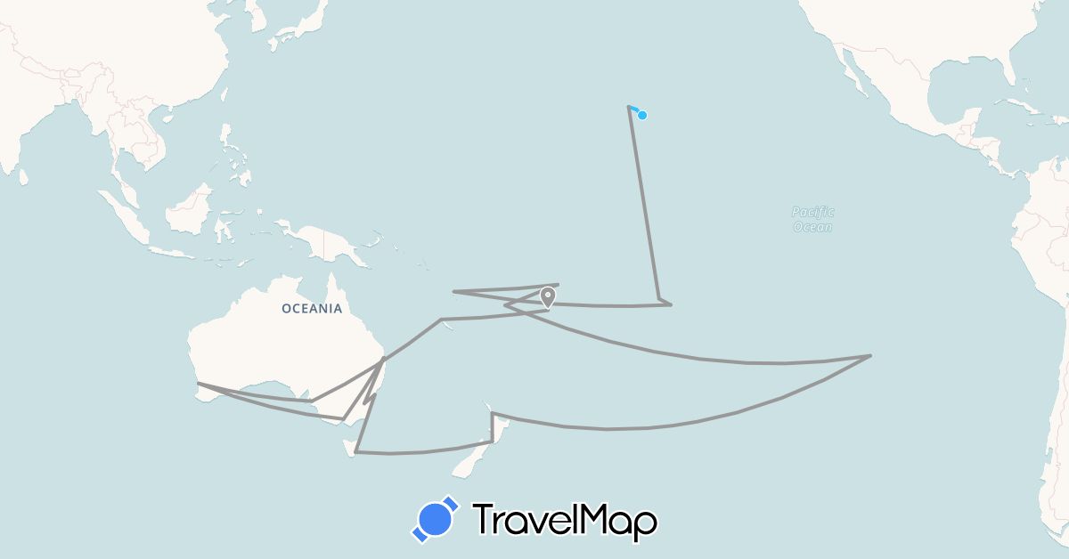 TravelMap itinerary: driving, plane, boat in Australia, Chile, Fiji, France, New Zealand, Tonga, United States, Vanuatu, Samoa (Europe, North America, Oceania, South America)
